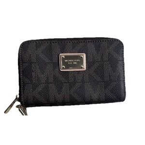 Michael Kors Patent Leather Wristlet Wallet Monogram Gold Black Zip Designer